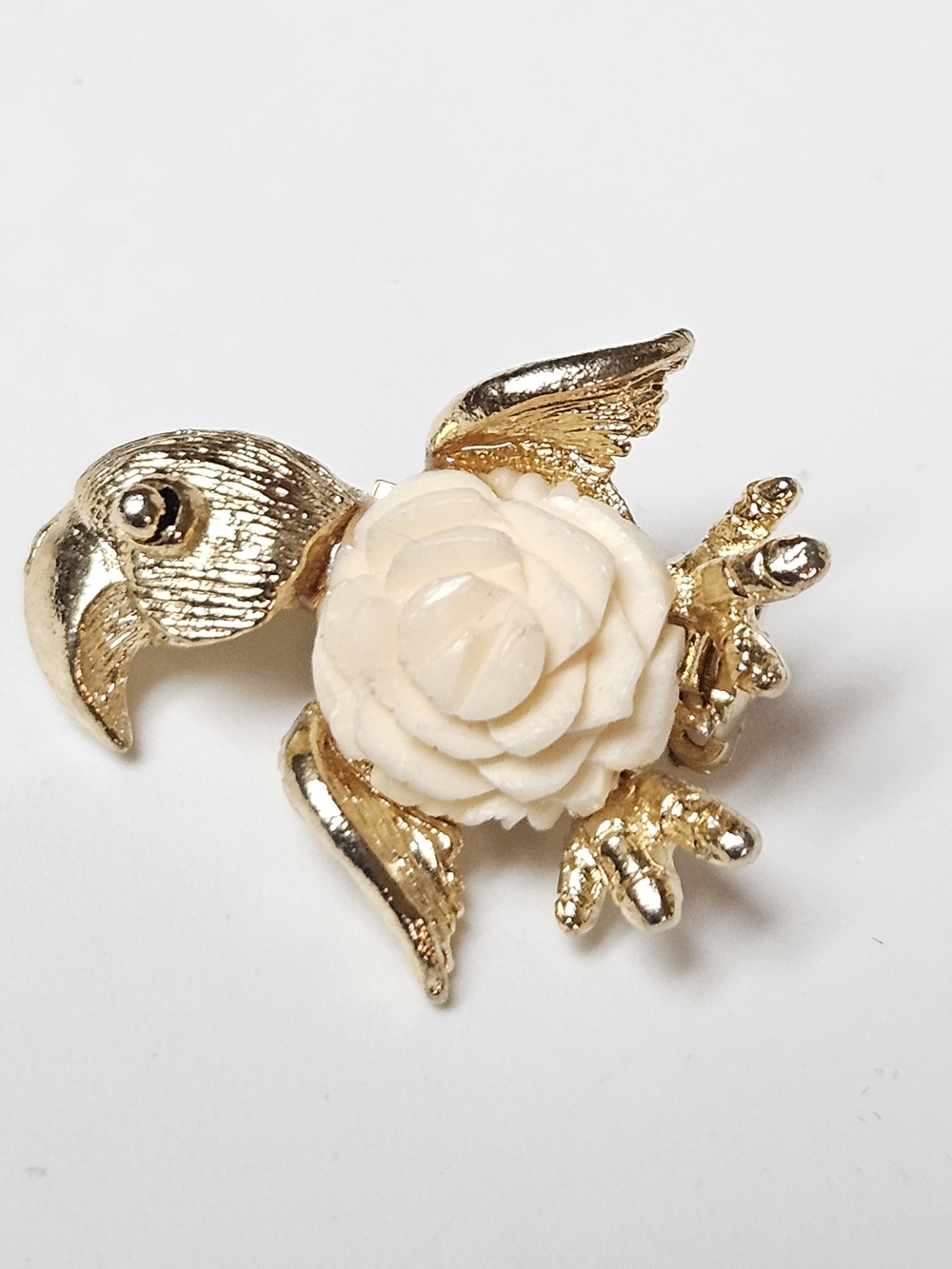 Gold Tone Puffin Bird Brooch with Cream Rose